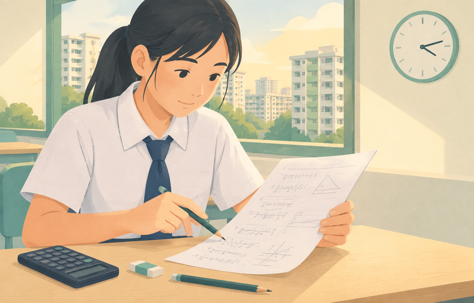 Illustration of a student reviewing a completed Math exam paper with a pencil, a calculator and an eraser on the desk, with HDB blocks outside the window and a clock on the wall
