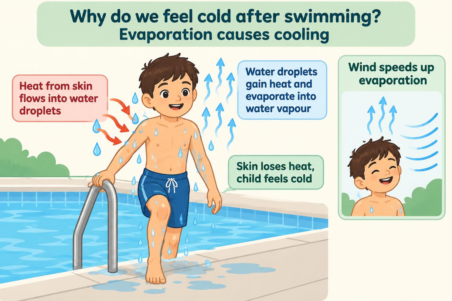 Diagram of a child climbing out of a swimming pool: heat from the skin flows into water droplets, the droplets gain heat and evaporate into water vapour, and the skin loses heat so the child feels cold. Wind speeds up evaporation.